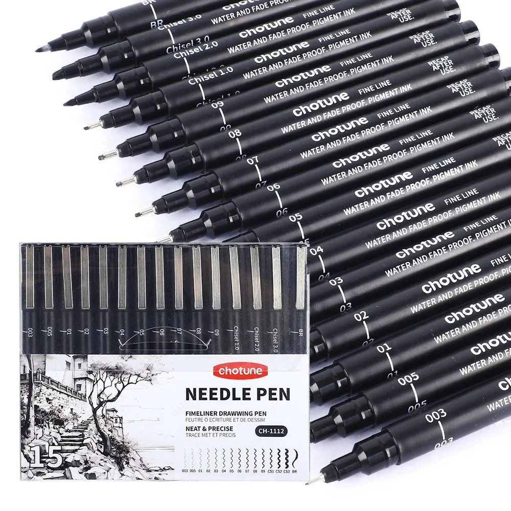 Correction Pen Fine - Schwarze Mikrostifte, 15 Größen, wasserfeste Archivtinte,