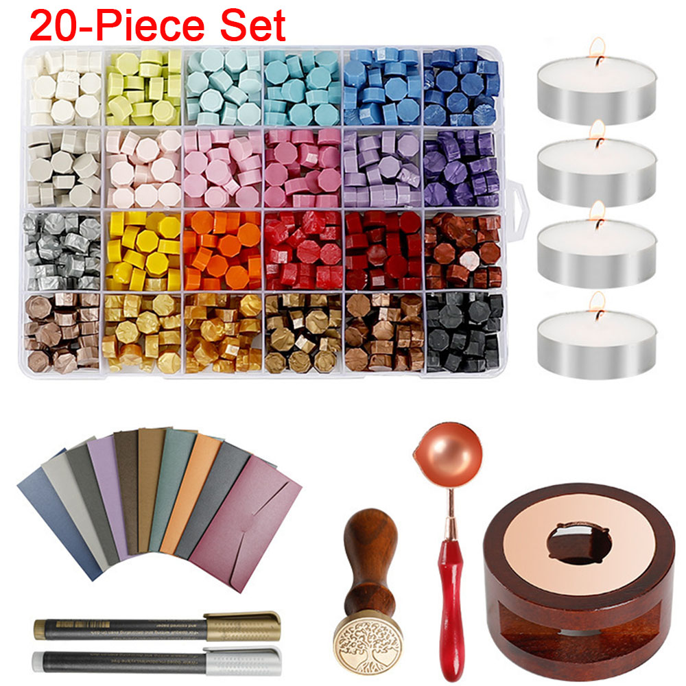 Wax Seal Stamp Set - 20-teiliges Wachssiegel-Stempelset mit Wachspellets, Wachsschmelzofen, Umschlag,